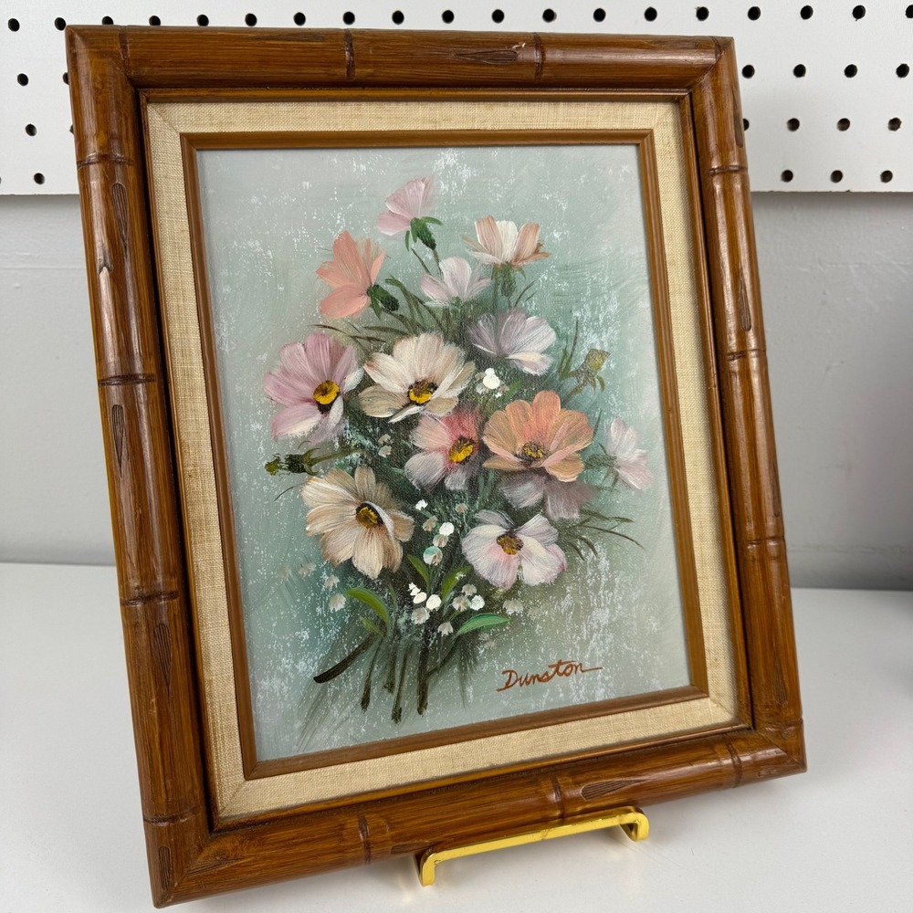 Vtg Dunston Floral Oil Painting Faux Bamboo Frame Flowers Cottagecore Art Boho‎